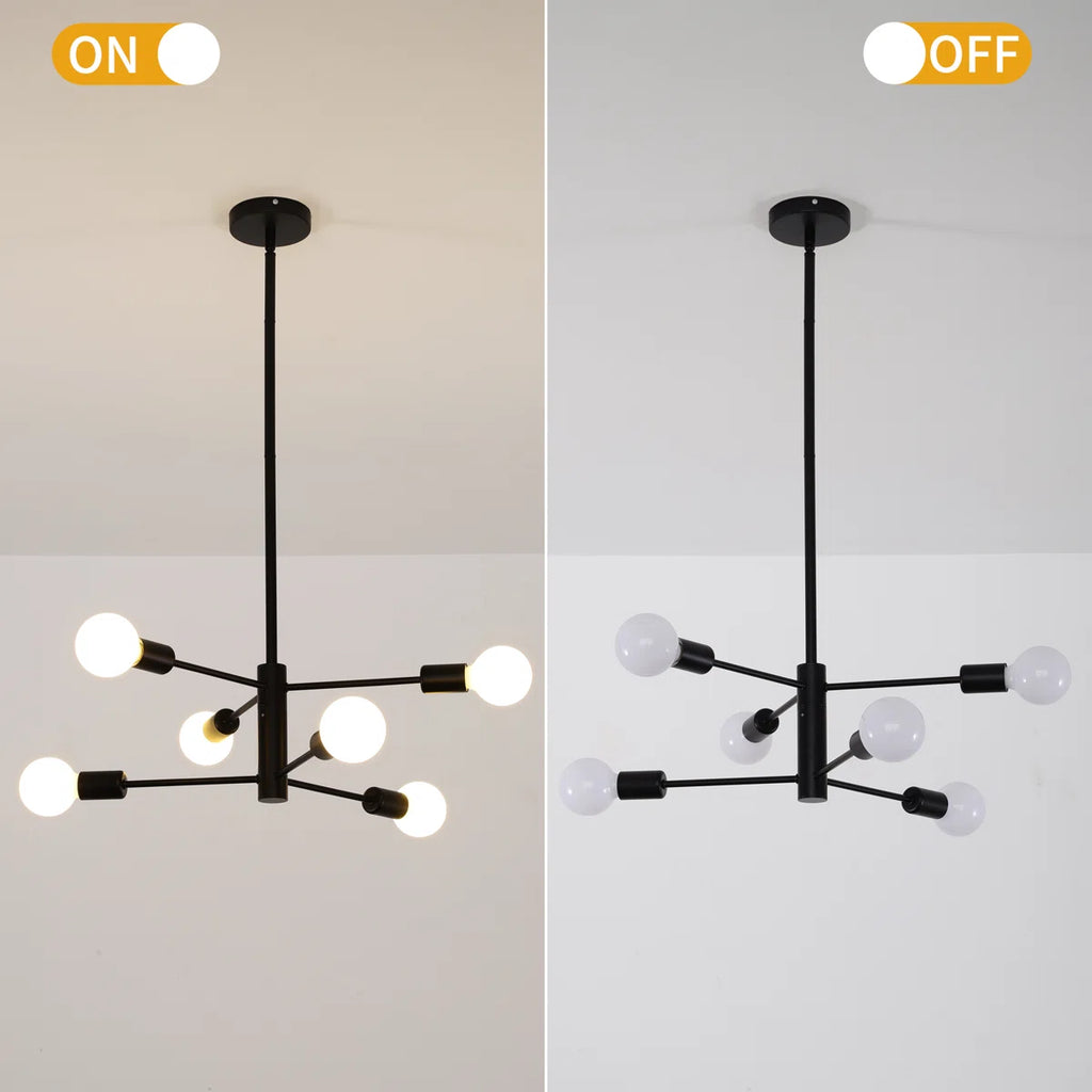 Modern Cobina 6-light Sputnik chandelier by TheChandelierCo featuring a sleek metal frame and six exposed bulbs on a white background.