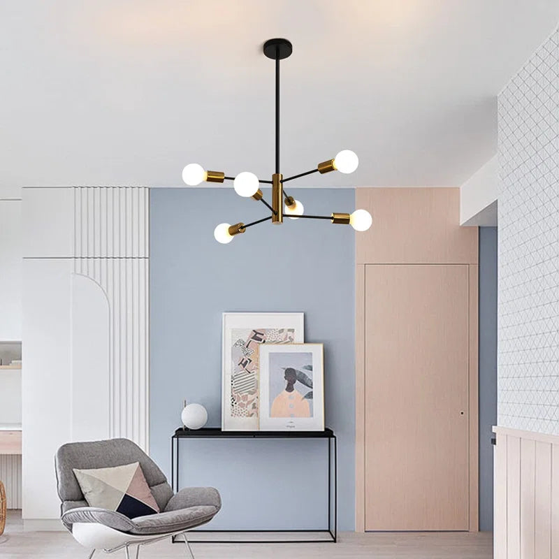 Modern Cobina 6-light Sputnik chandelier by TheChandelierCo with a sleek metal finish and six exposed bulbs in a starburst design.