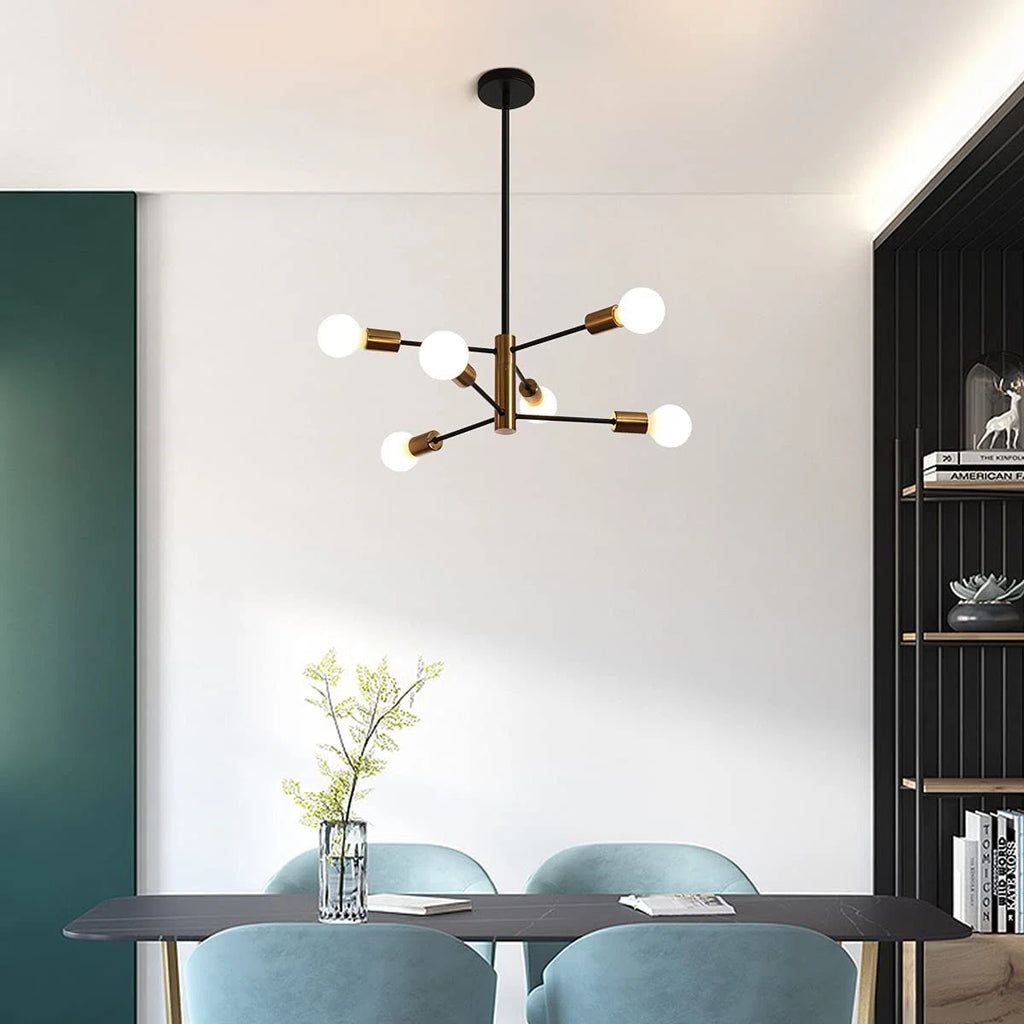 Cobina 6 light Sputnik chandelier by TheChandelierCo featuring a modern design with six exposed bulbs and a sleek metallic finish.