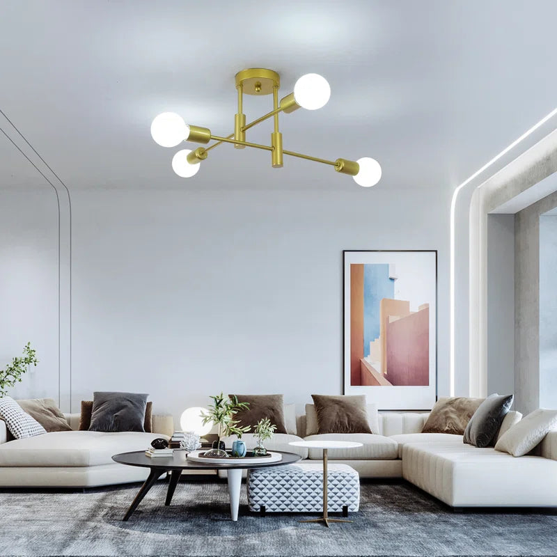 Coblitz 4 Light Sputnik Chandelier by TheChandelierCo featuring a modern starburst design with four exposed bulbs and a sleek metal finish.