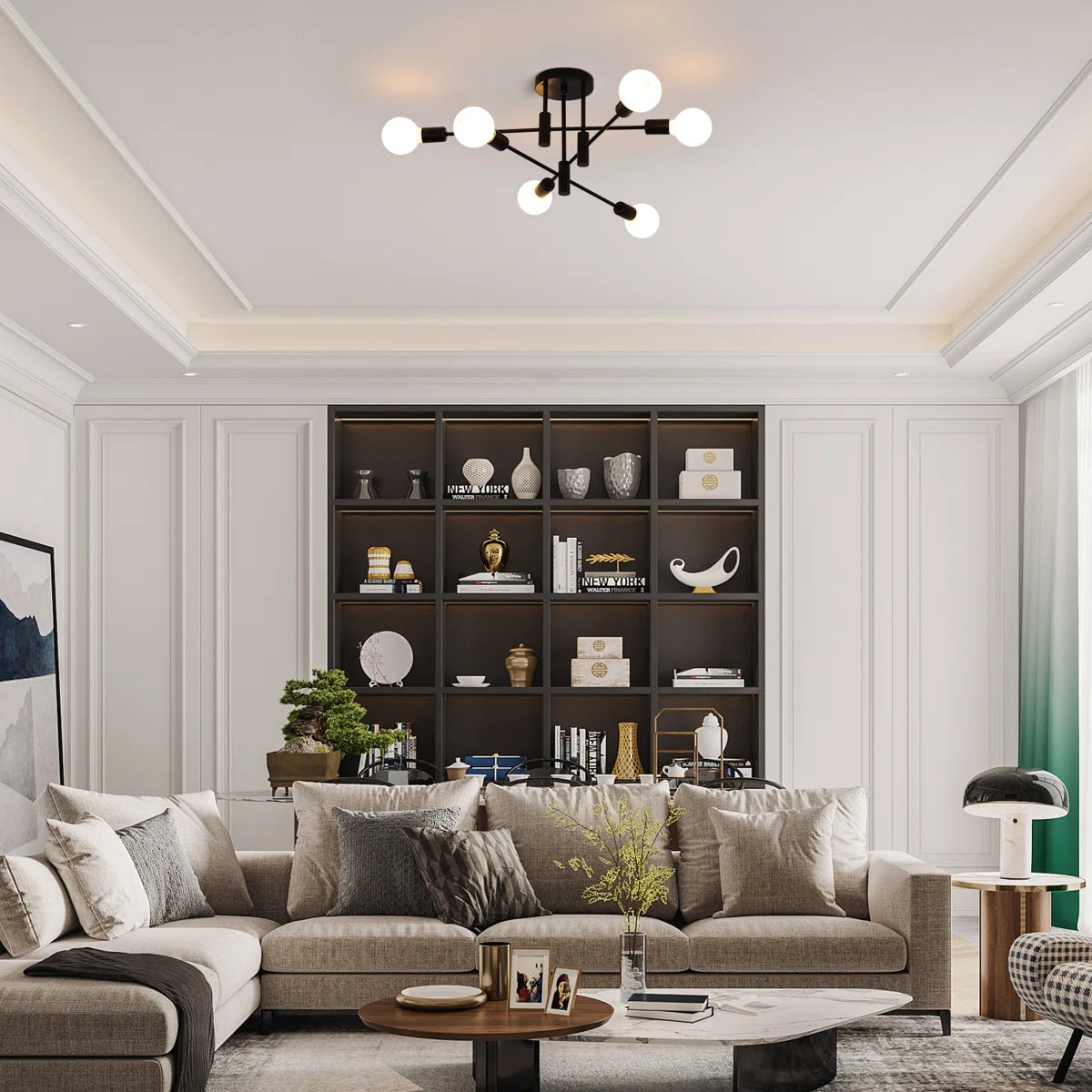 Coblitz 6-light 62cm Sputnik semi-flush mount chandelier with metal finish and modern design, hanging in a room setting