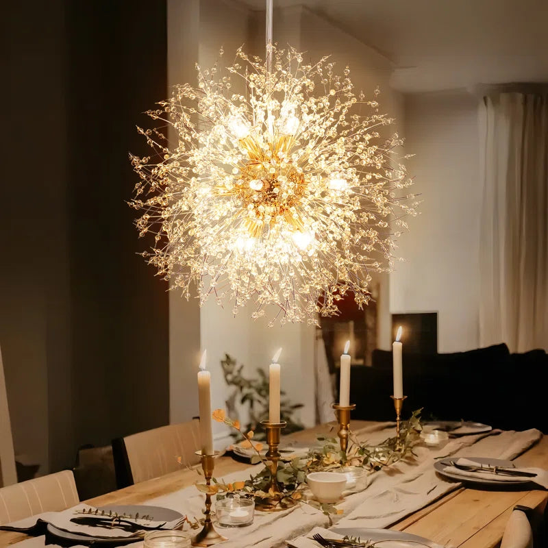 Dandelion 12-light Sputnik crystal chandelier with starburst design and sunburst ceiling lighting by TheChandelierCo