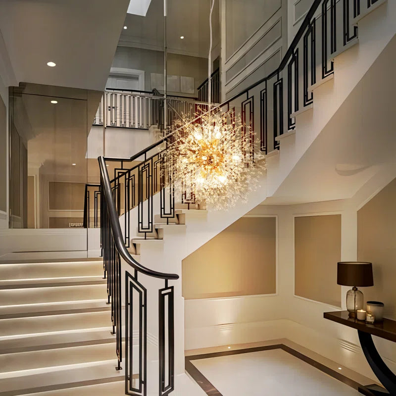 Dandelion 12-light Sputnik crystal chandelier with starburst sunburst design and elegant hanging crystal accents.