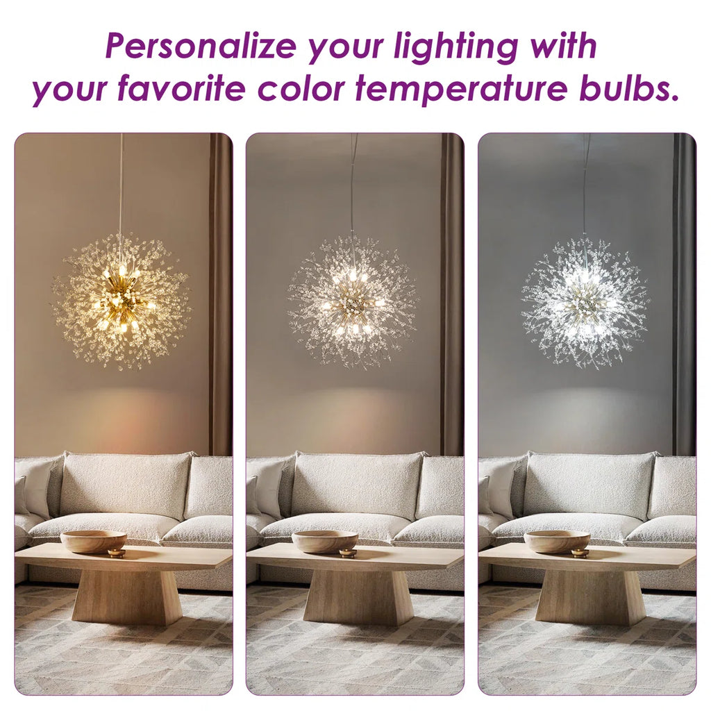 Dandelion 12-light Sputnik crystal chandelier with starburst design and sunburst ceiling lighting from TheChandelierCo.