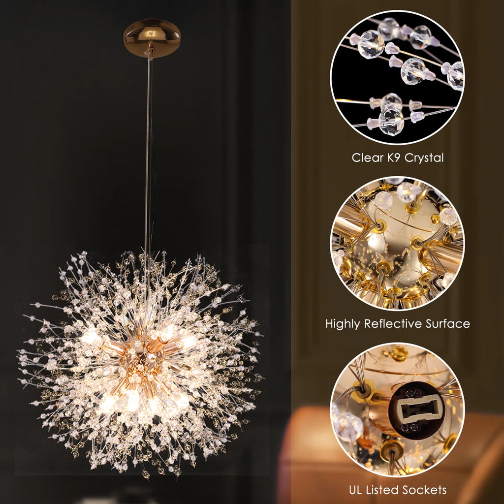 Dandelion 12-light Sputnik crystal chandelier with starburst design, hanging from ceiling with sparkling crystal accents.