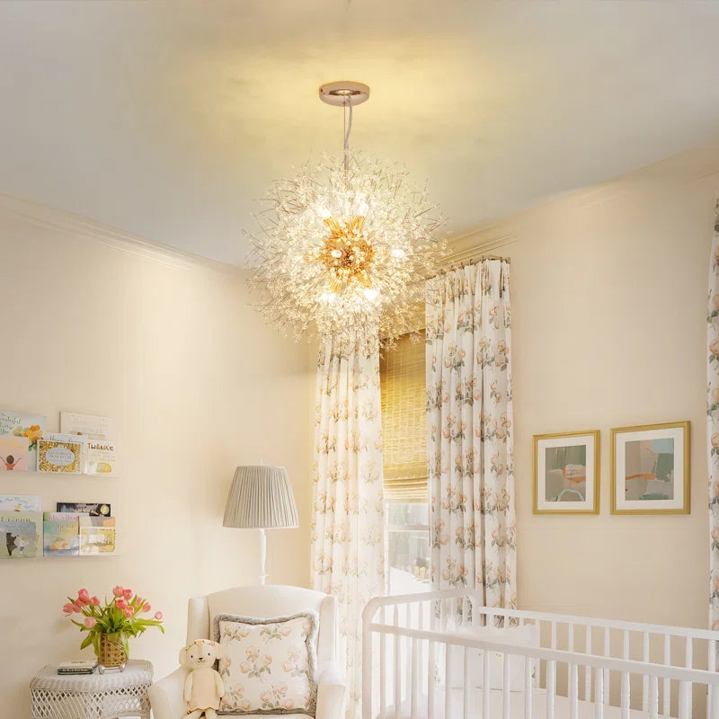 Dandelion 12-light Sputnik crystal chandelier with starburst design and sunburst ceiling lighting from TheChandelierCo.