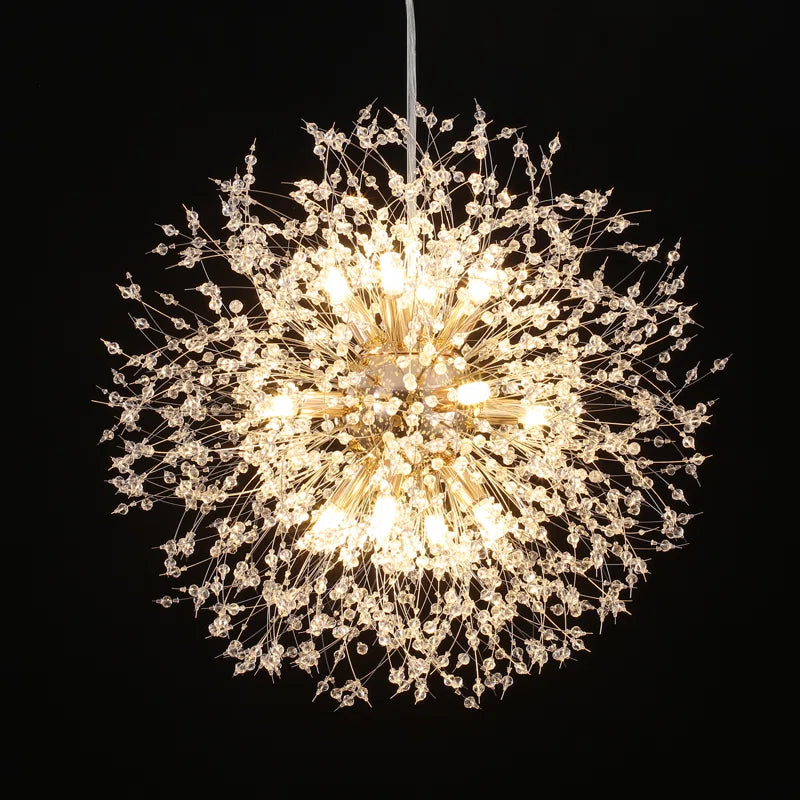 Dandelion 12-light Sputnik crystal chandelier with starburst design, hanging from ceiling, featuring sparkling glass accents and modern style.