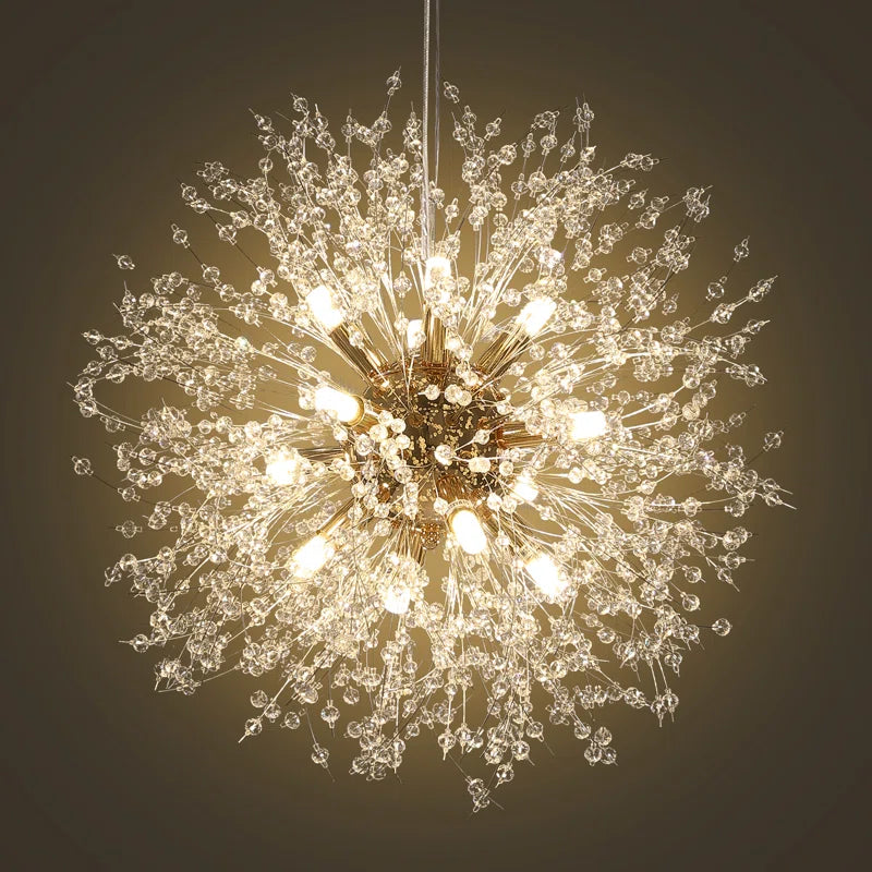 Dandelion 12-light Sputnik crystal chandelier with starburst design and sunburst ceiling lighting, featuring crystal accents and modern style.