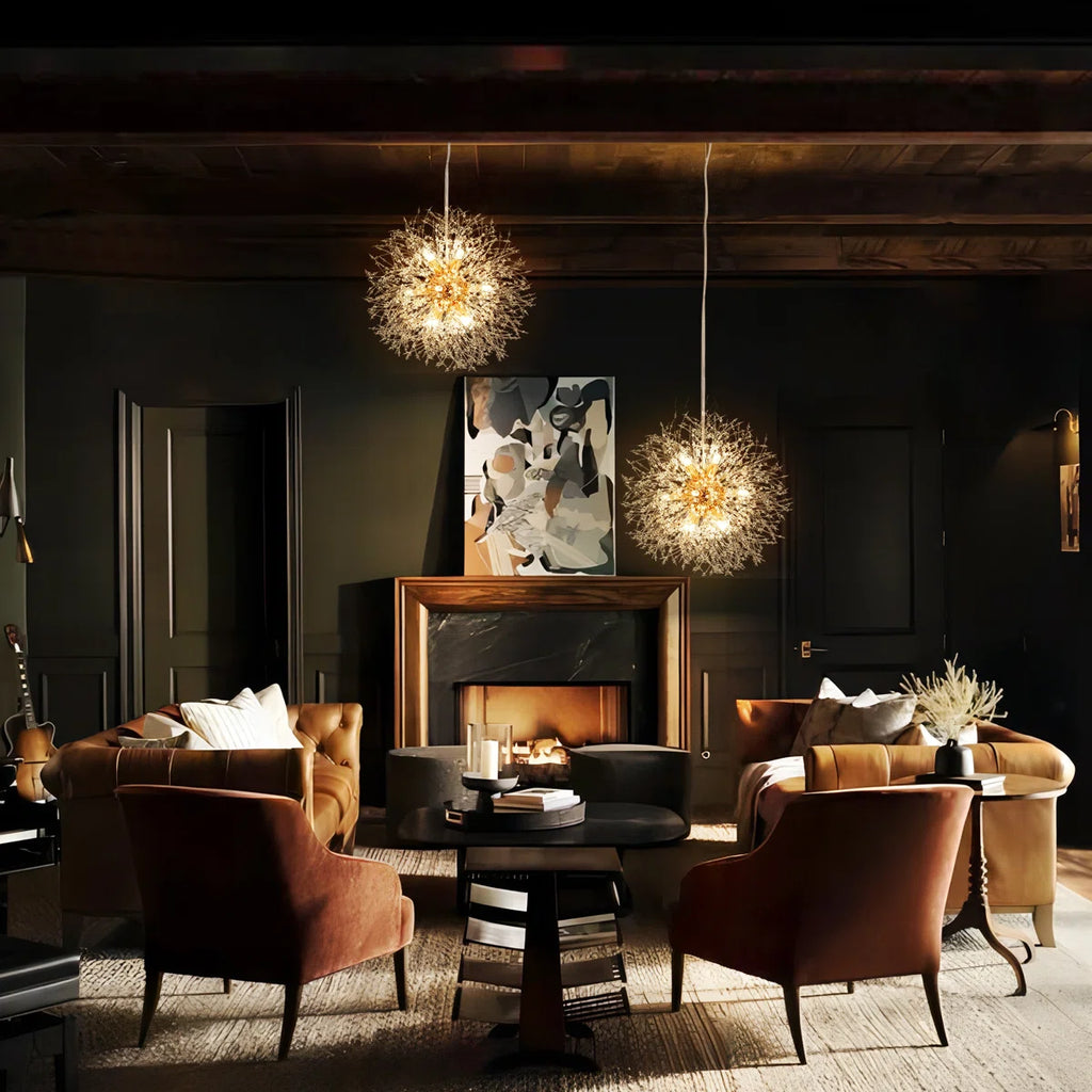 Dandelion 12-light Sputnik crystal chandelier with starburst design, hanging ceiling lighting fixture with sparkling crystal accents