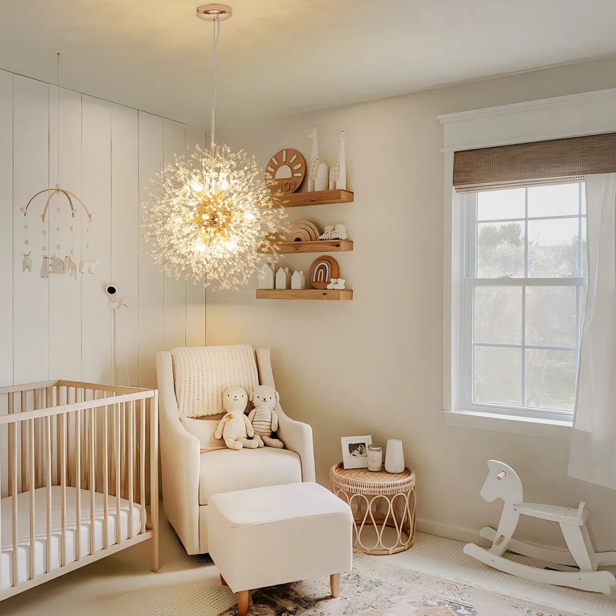 Dandelion 12-light Sputnik crystal chandelier by TheChandelierCo with starburst sunburst design and hanging crystal accents.