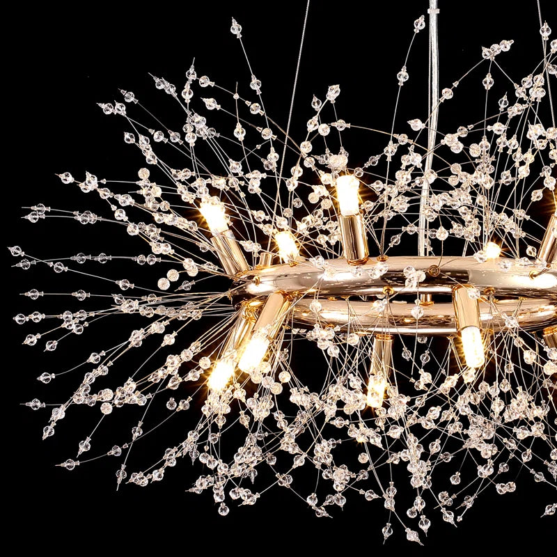 Light geometric starburst sunburst pendant from Dandelion 12 collection by TheChandelierCo, showcasing intricate metalwork and luminous design.