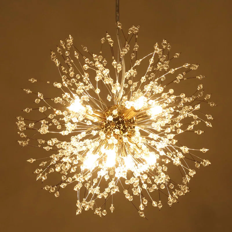 Dandelion 8-light Sputnik crystal chandelier with starburst design, hanging ceiling lighting fixture with glass crystal accents