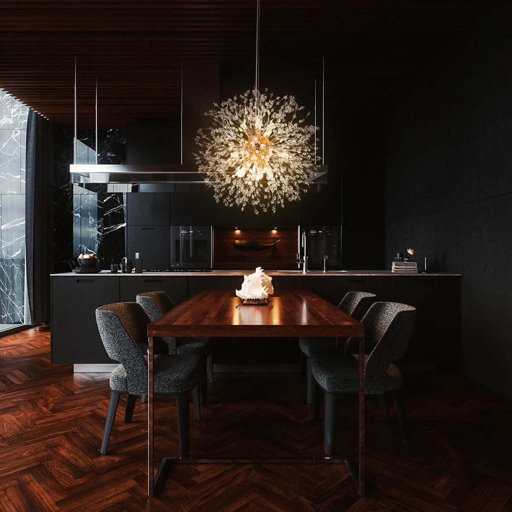 Dandelion 8-light Sputnik crystal chandelier with starburst design and hanging crystal accents for modern ceiling lighting.