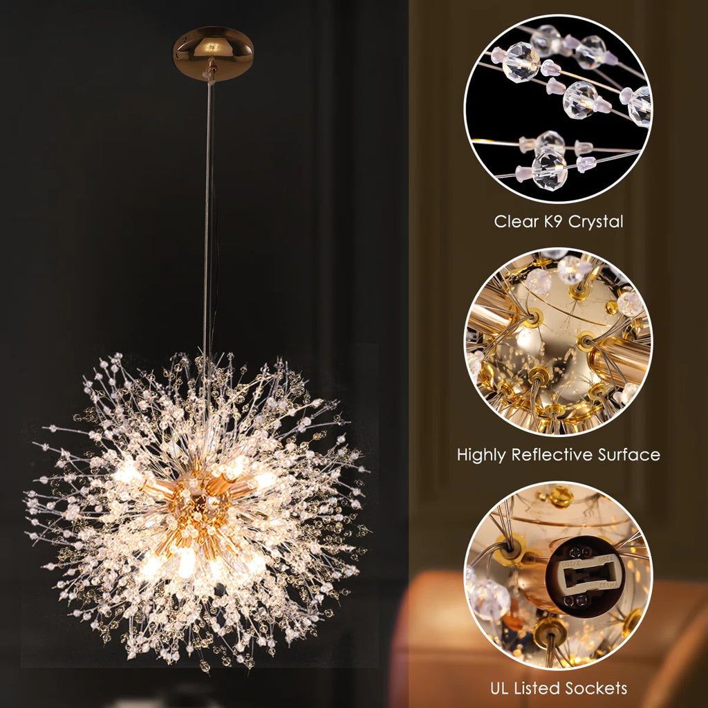 Dandelion 8-light Sputnik crystal chandelier with starburst design, hanging ceiling lighting fixture by TheChandelierCo.