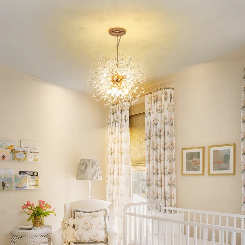 Dandelion 8-light Sputnik crystal chandelier with starburst design and sunburst ceiling lighting, modern elegant home decor fixture.