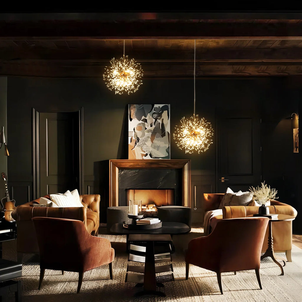 Dandelion 8-light Sputnik crystal chandelier with starburst design and sunburst ceiling lighting, featuring sparkling crystal accents.