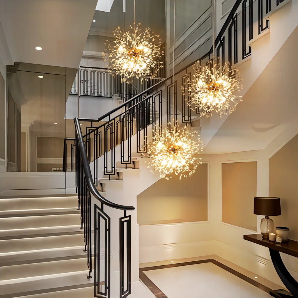 Dandelion 8-light Sputnik crystal chandelier with starburst design, hanging ceiling lighting fixture by TheChandelierCo.