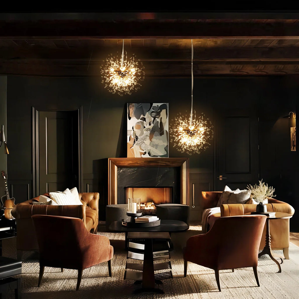 Dandelion 8-light Sputnik crystal chandelier with starburst sunburst design and modern ceiling lighting by TheChandelierCo.