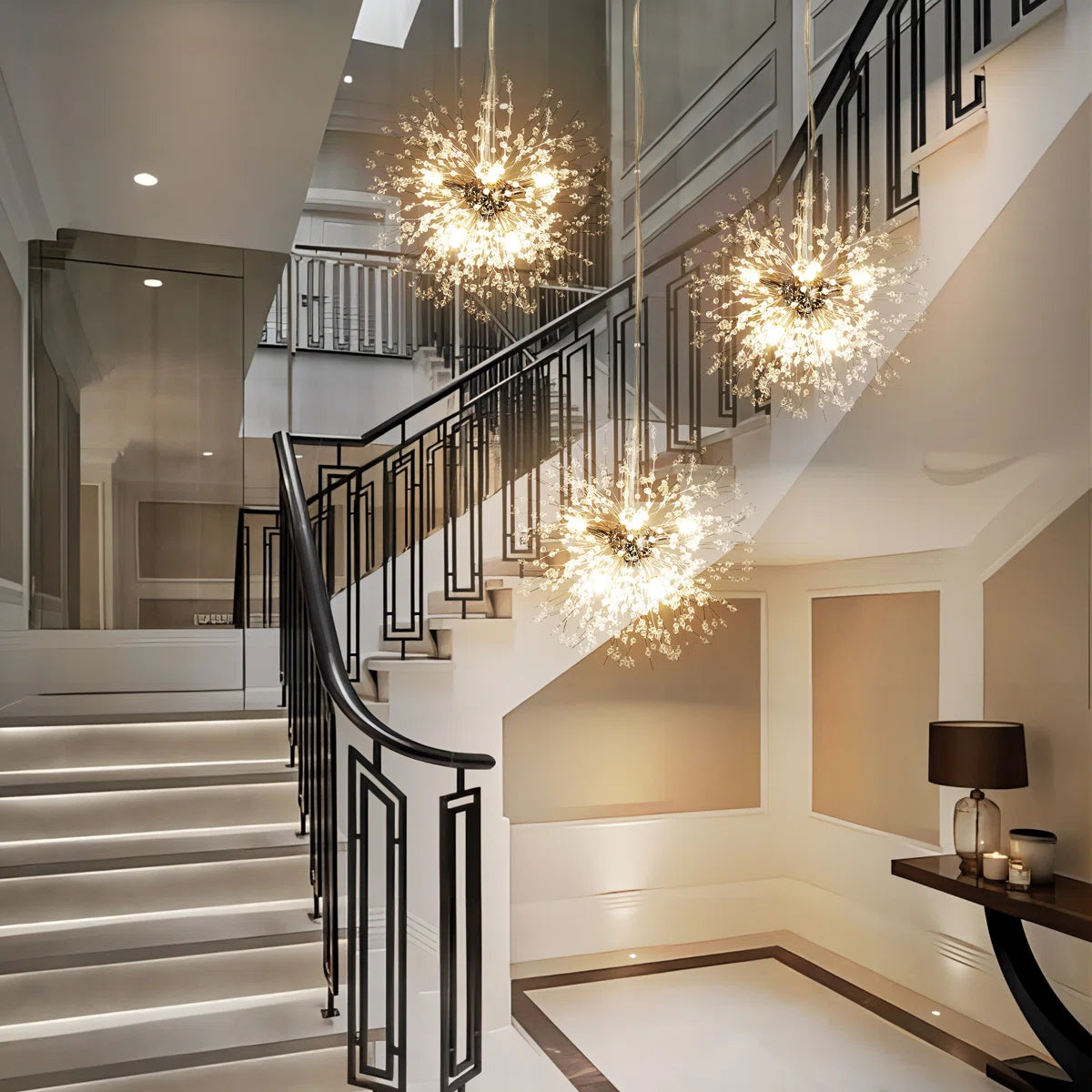 Dandelion 8-light Sputnik crystal chandelier with starburst sunburst design and hanging crystal accents ceiling lighting fixture