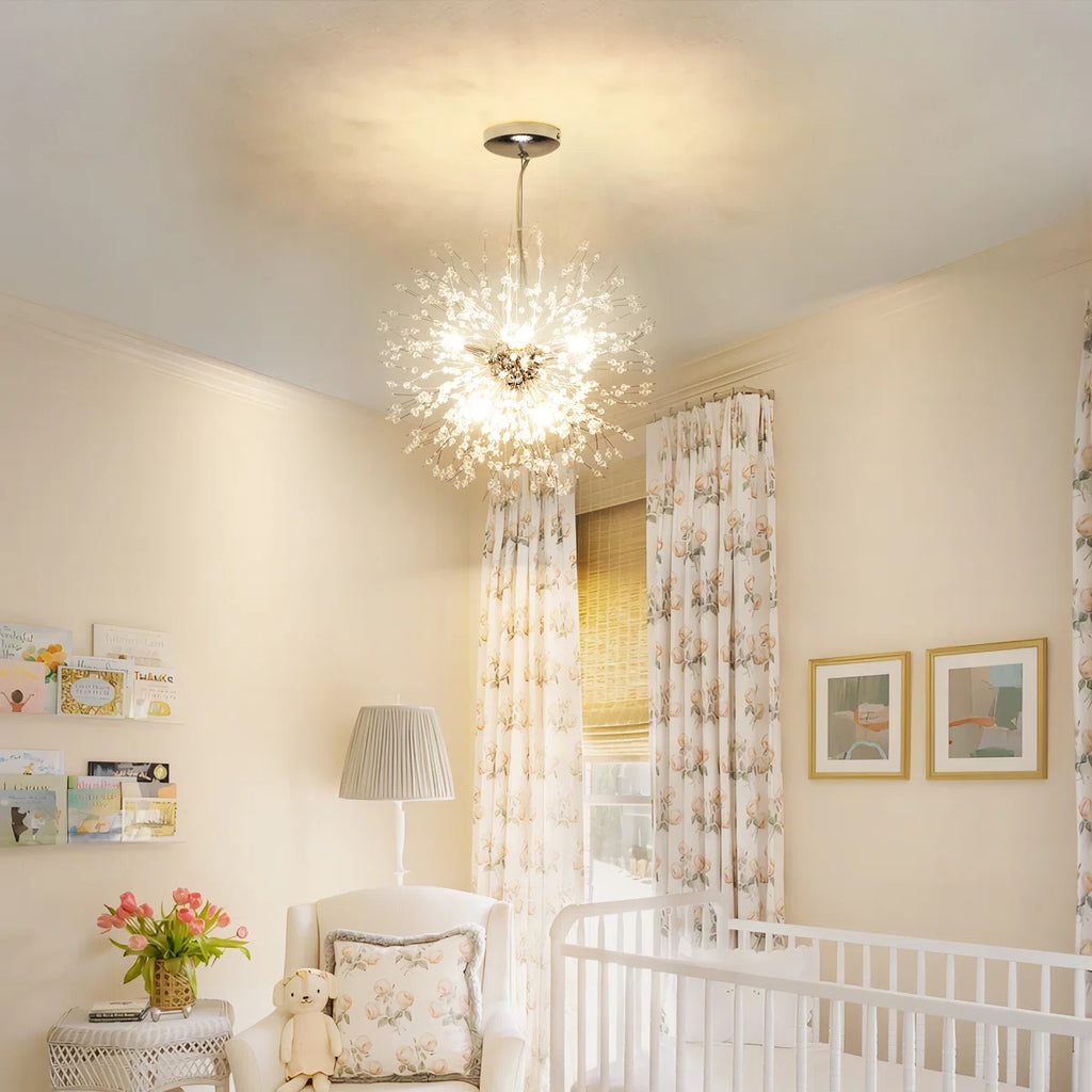 Dandelion 8-light Sputnik crystal chandelier with starburst design and sunburst ceiling lighting from TheChandelierCo.