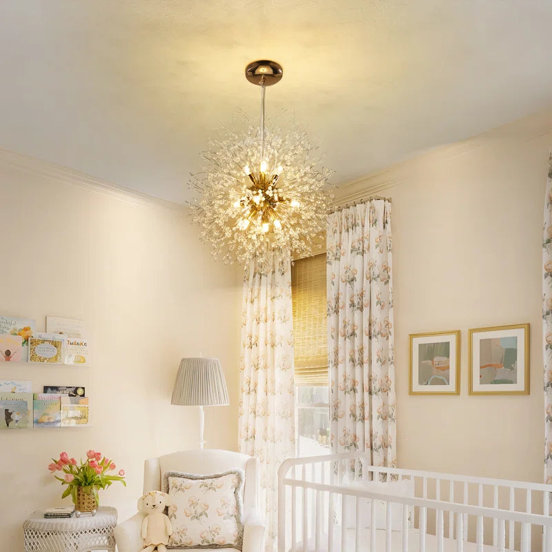Dandelion 9-light Sputnik crystal chandelier with starburst design, hanging ceiling lighting fixture in a modern style.