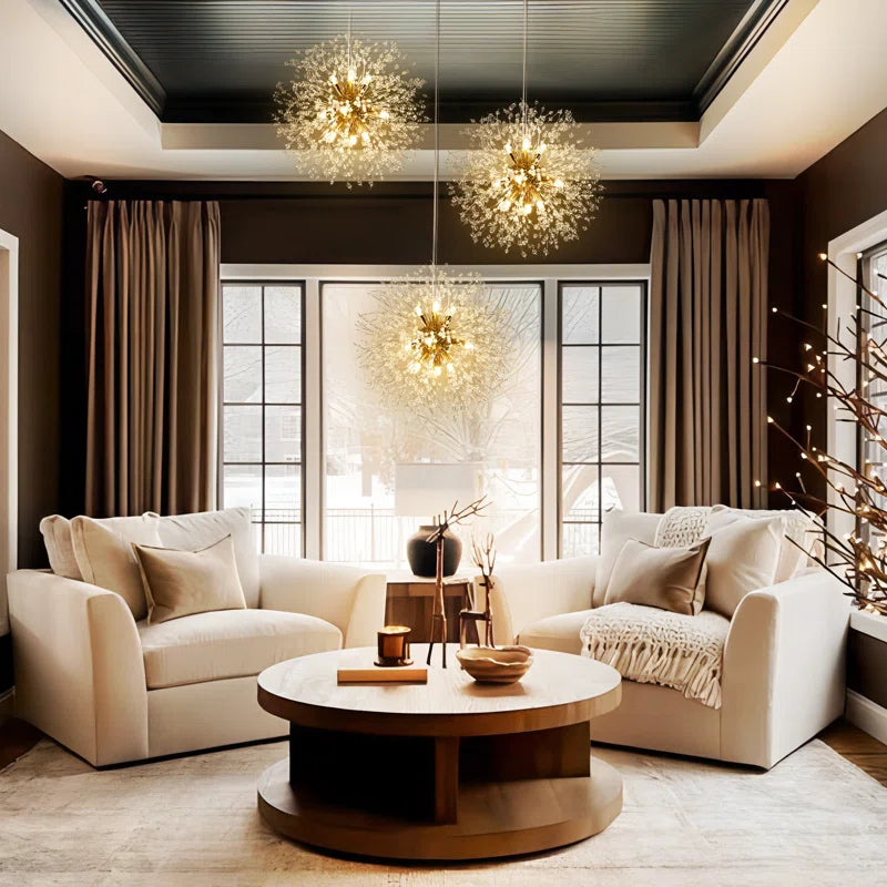 Dandelion 9-light Sputnik crystal chandelier with starburst design and hanging crystal accents for ceiling lighting.