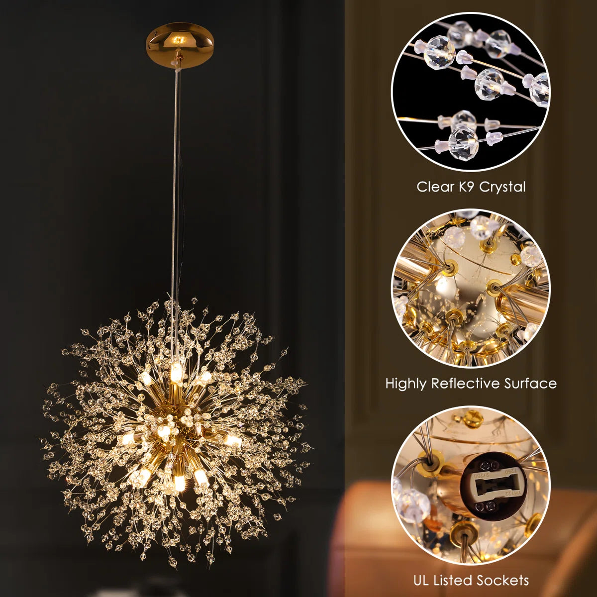 Dandelion 9-light Sputnik crystal chandelier with starburst sunburst design, hanging ceiling lighting fixture by TheChandelierCo.