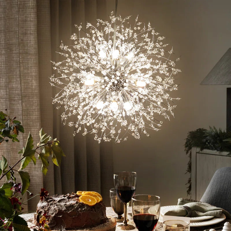 Dandelion 9-light Sputnik crystal chandelier with starburst design, hanging from ceiling with crystal accents and metal frame.