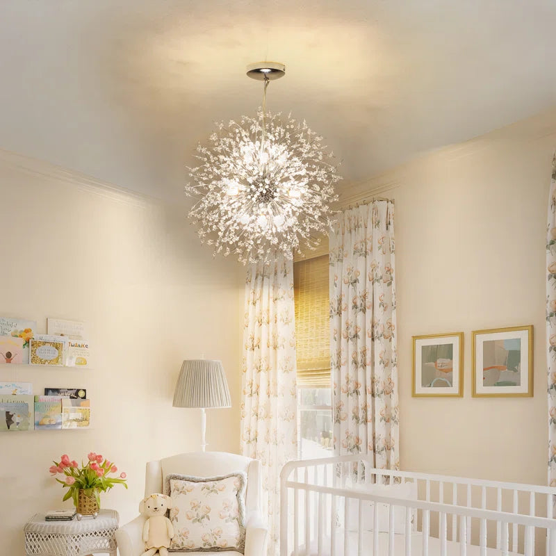 Dandelion 9-light Sputnik crystal chandelier with starburst design, hanging from a ceiling with multiple crystal arms and modern elegance.
