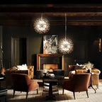 Dandelion 9-light Sputnik crystal chandelier with starburst design and sunburst ceiling lighting, featuring hanging crystal accents.