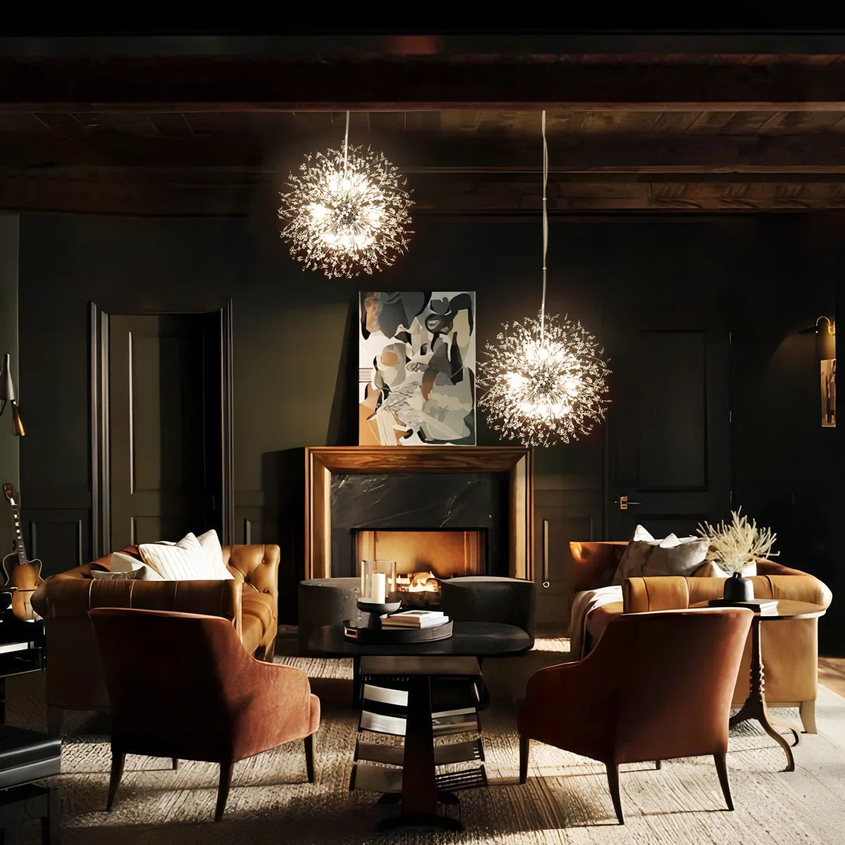 Dandelion 9-light Sputnik crystal chandelier with starburst design and sunburst ceiling lighting, featuring hanging crystal accents.