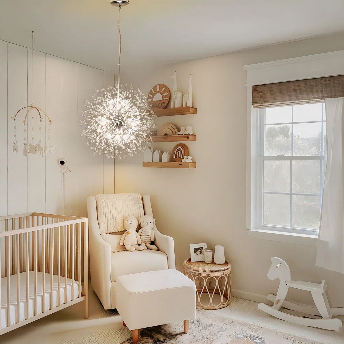 Dandelion 9-light Sputnik crystal chandelier with starburst design and sunburst ceiling lighting, featuring hanging crystal accents.