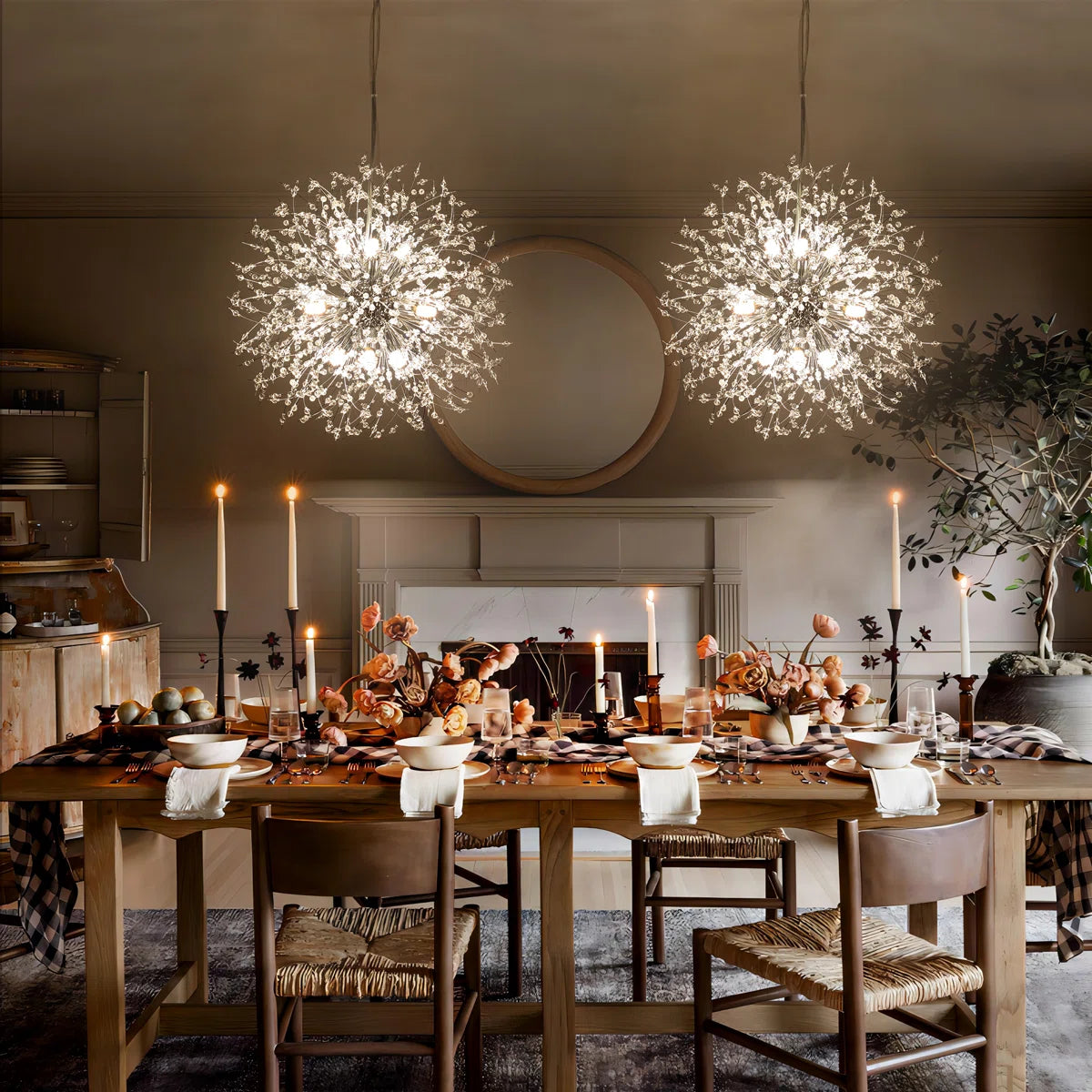 Dandelion 9-light Sputnik crystal chandelier with starburst design and sunburst ceiling lighting style.