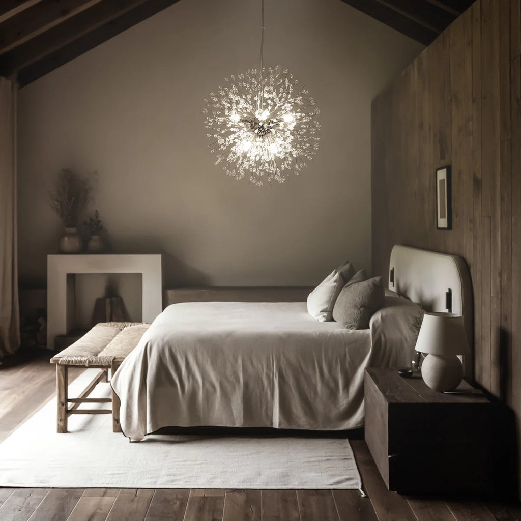 Dandelion 9-light Sputnik crystal chandelier with starburst design and hanging crystal accents for elegant ceiling lighting.