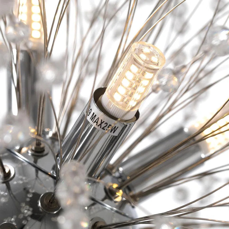 Dandelion 9-light Sputnik crystal chandelier with starburst design and hanging crystals, ceiling lighting fixture.