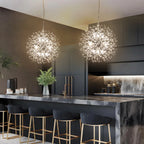 Dandelion 9-light Sputnik crystal chandelier with starburst design, hanging from a ceiling, featuring multiple glass crystal accents.