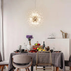 Dandelion 9-light Sputnik crystal chandelier with starburst design and hanging crystal accents, ceiling lighting fixture.