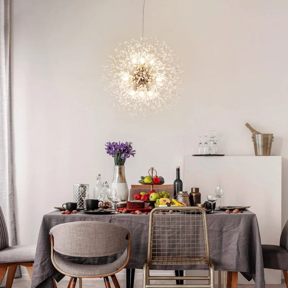 Dandelion 9-light Sputnik crystal chandelier with starburst design and hanging crystal accents, ceiling lighting fixture.