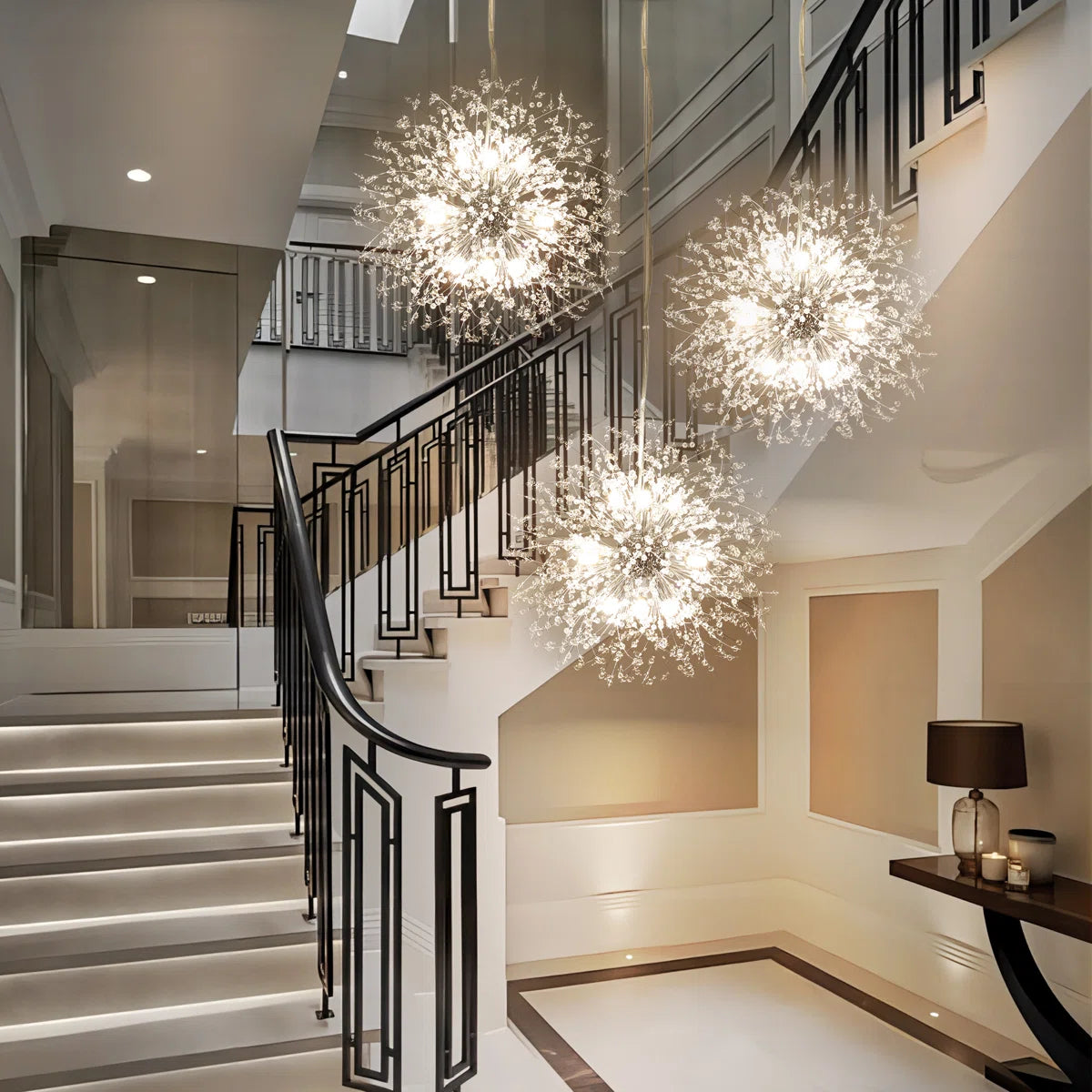 Dandelion 9-light Sputnik crystal chandelier with starburst design and hanging crystal accents for elegant ceiling lighting.
