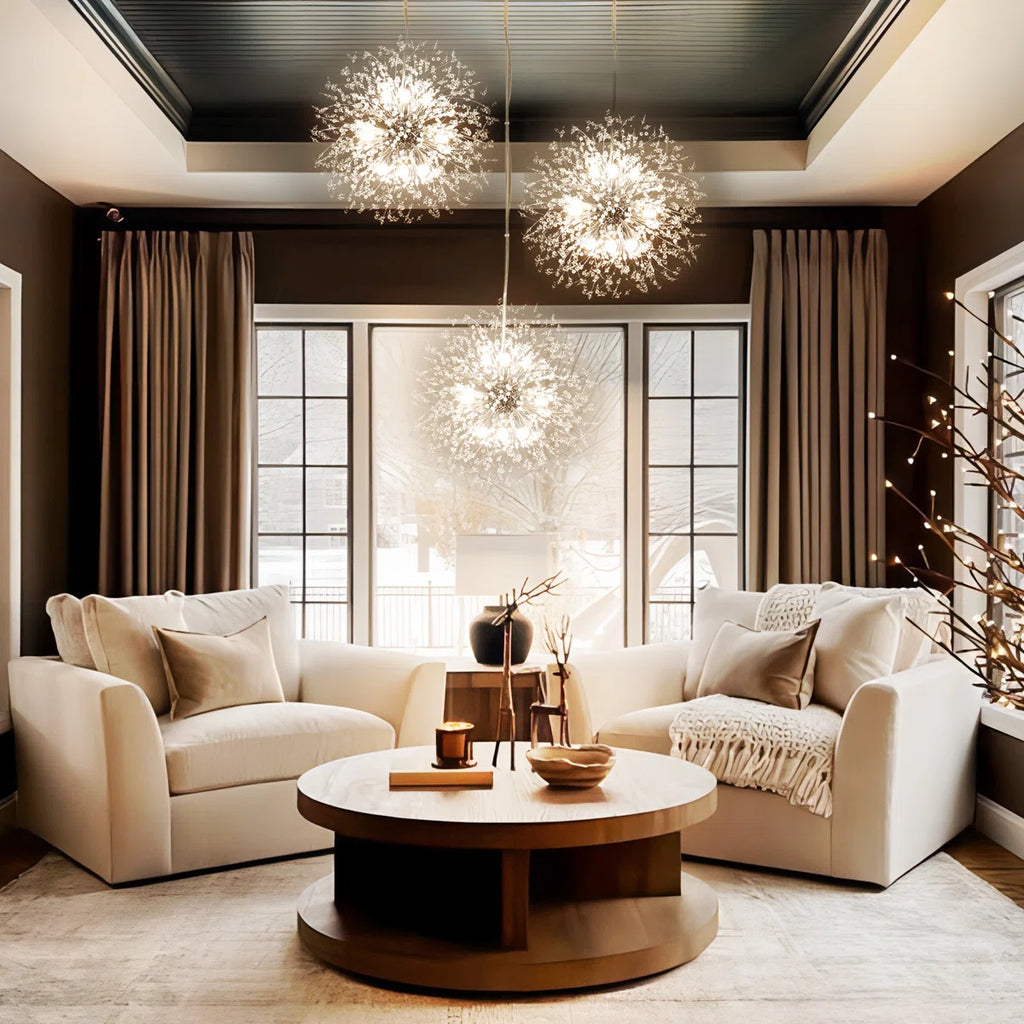 Dandelion 9-light Sputnik crystal chandelier with starburst design and hanging crystal accents, ceiling lighting fixture.
