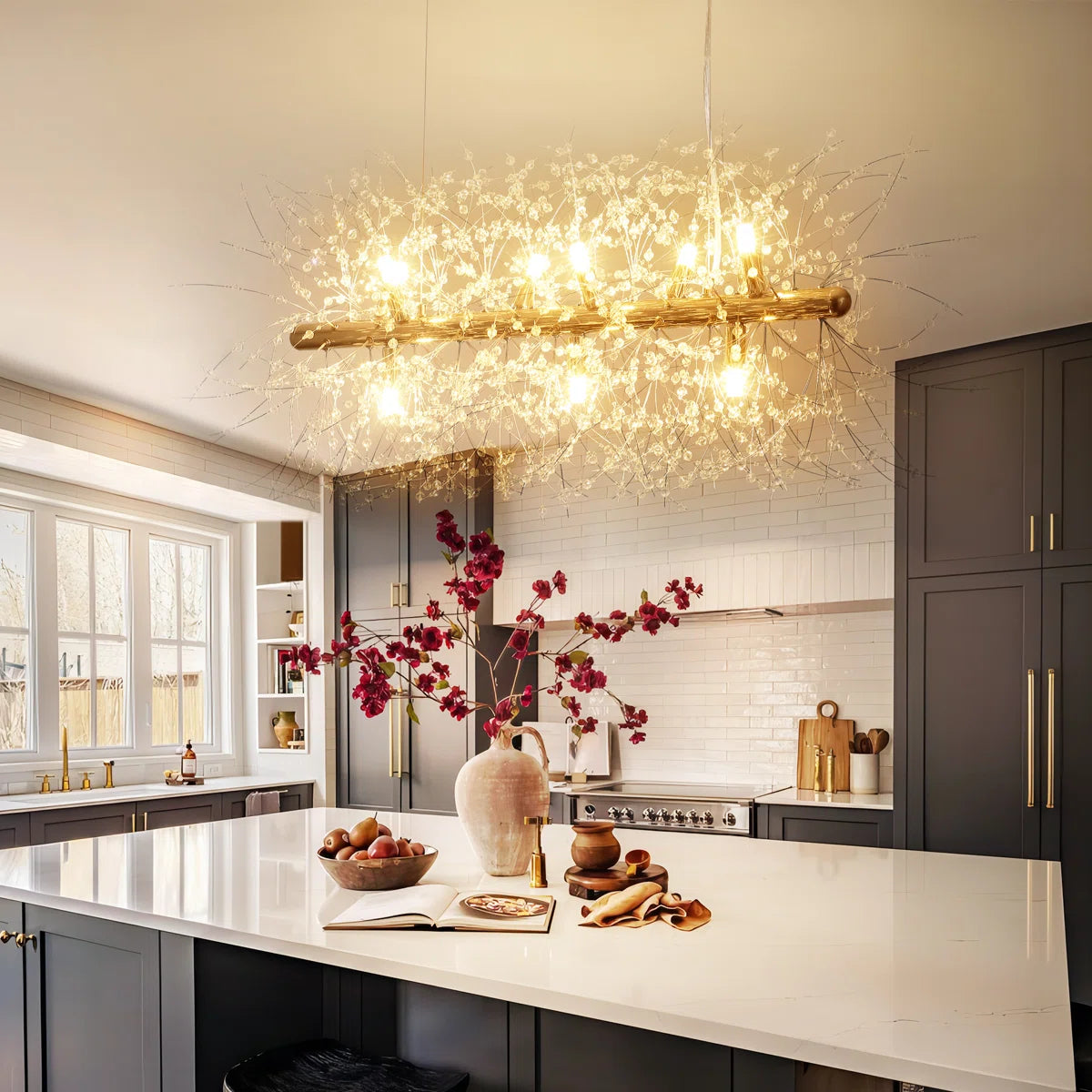 Light Dandelion Starburst Sunburst ceiling pendant light by TheChandelierCo, ideal for kitchen island or modern dining area.