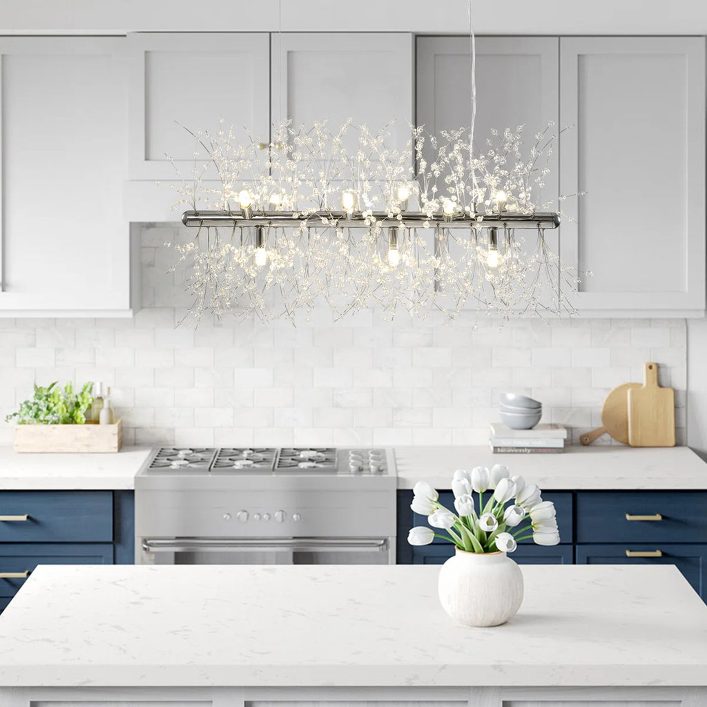 Light dandelion starburst ceiling pendant from TheChandelierCo, perfect for kitchen island lighting with a sunburst design.