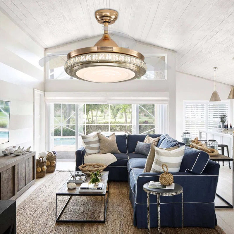 Diep 3-blade LED ceiling fan with remote control, modern design, brushed metal finish, and integrated light for living rooms.