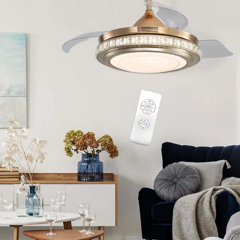 Diep 3-blade LED ceiling fan from TheChandelierCo with remote control, featuring modern design and integrated lighting.