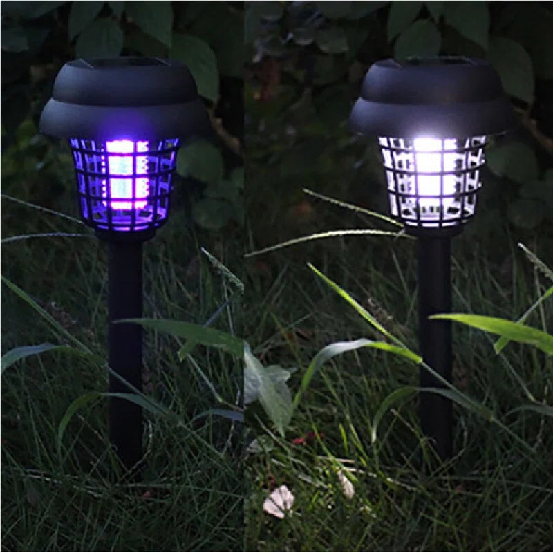 Set of two Droz black low voltage solar pathway lights with integrated LED bulbs for outdoor landscape illumination.