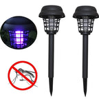 Set of two Droz black low voltage solar-powered LED pathway lights by TheChandelierCo, ideal for outdoor garden illumination.