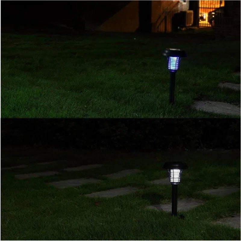 Set of two Droz black low voltage solar-powered LED pathway lights by TheChandelierCo illuminating outdoor walkways.