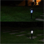 Set of two Droz black low voltage solar-powered LED pathway lights by TheChandelierCo illuminating outdoor walkways.