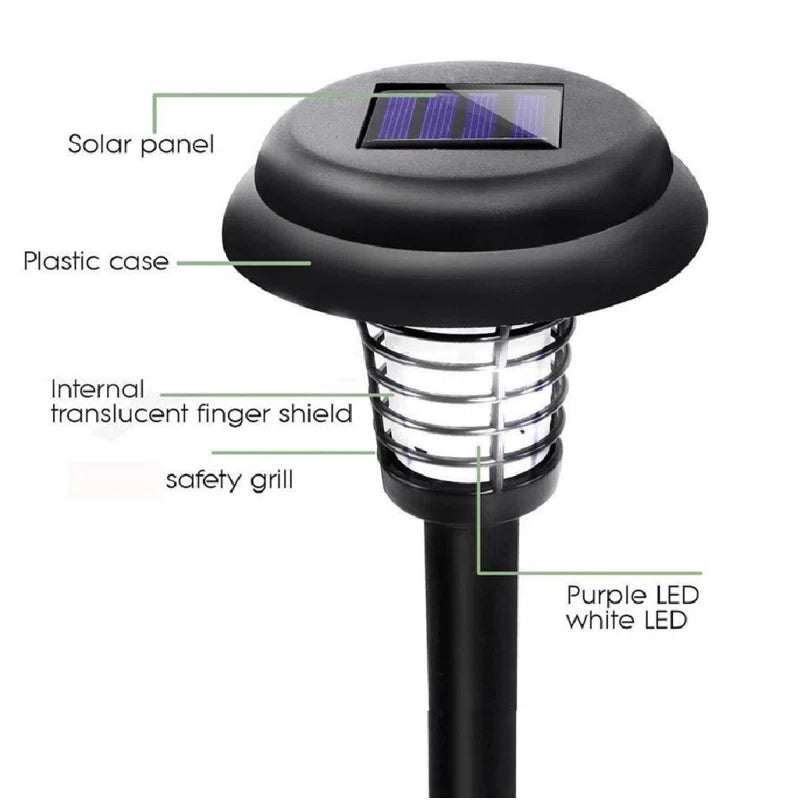 Set of two Droz black low voltage solar pathway lights with integrated LED bulbs for outdoor landscape lighting.