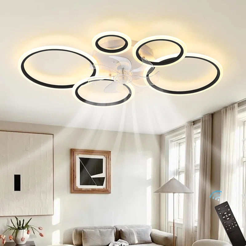 Elora 100cm LED reversible ceiling fan with lights, remote control, dimmable function, mounted on ceiling in modern room.
